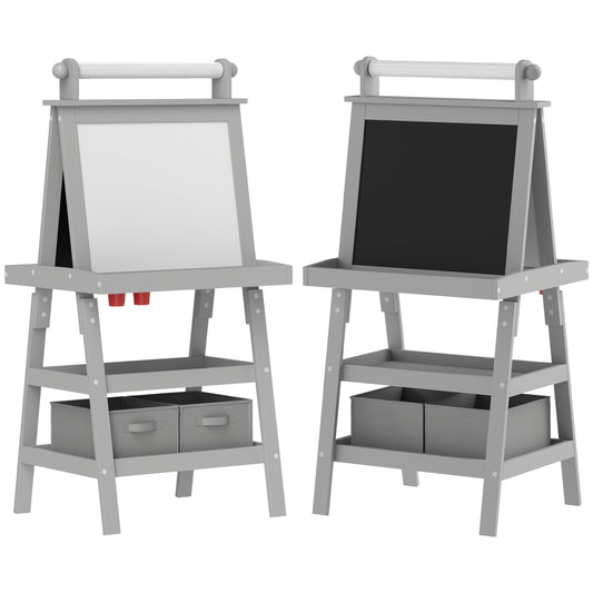 Photo of AIYAPLAY 3 in 1 Kids Easel Double-Sided Magnetic Whiteboard and Chalkboard with Paper Roll, Storage Baskets - Grey in Grey colour on a white background