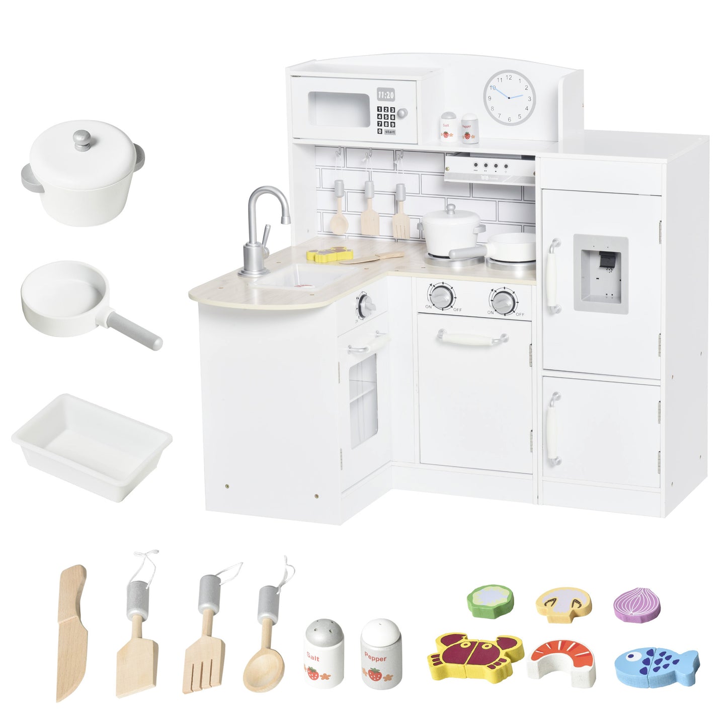 Photo of HOMCOM Kids Play Kitchen Wooden Toy Kitchen Cooking Set for Children with Drinking Fountain, Microwave, and Fridge White in White colour on a white background