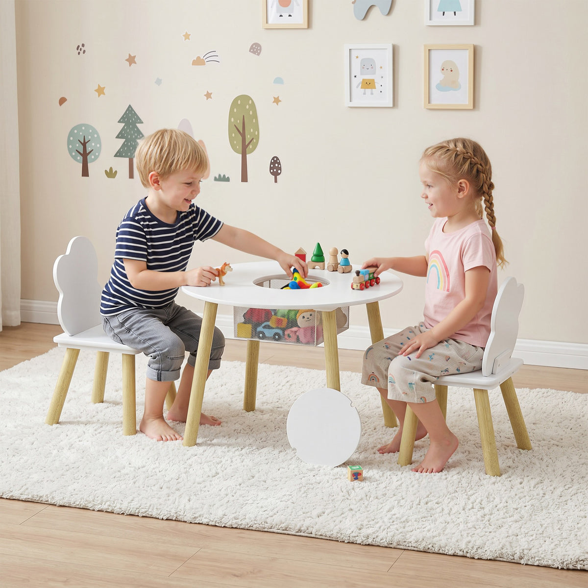 AIYAPLAY Kids Table and Chairs Set with Storage Bag Toddler Table and Chairs Set 3 Piece for Playroom White