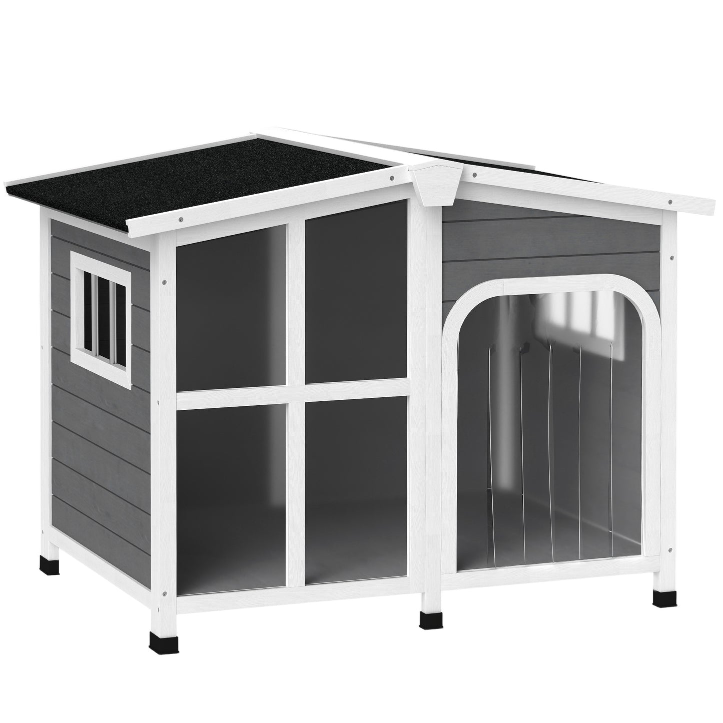 Photo of PawHut Wooden Dog Kennel with Removable Floor, Asphalt and Openable Roof, Giant Window for Large Dogs, Charcoal Grey in Grey colour on a white background