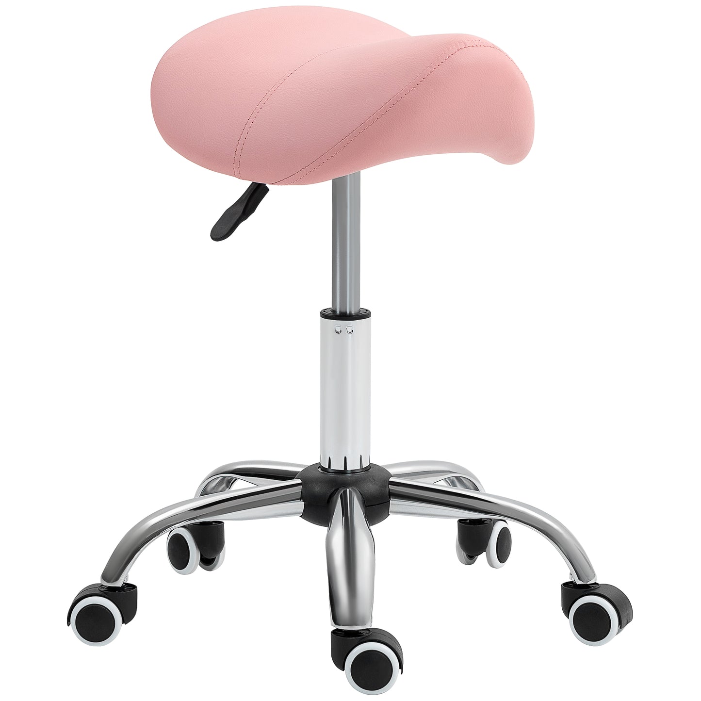 Photo of HOMCOM Saddle Stool, Height Adjustable Salon Chair for Massage Spa, Faux Leather, Pink in Pink colour on a white background