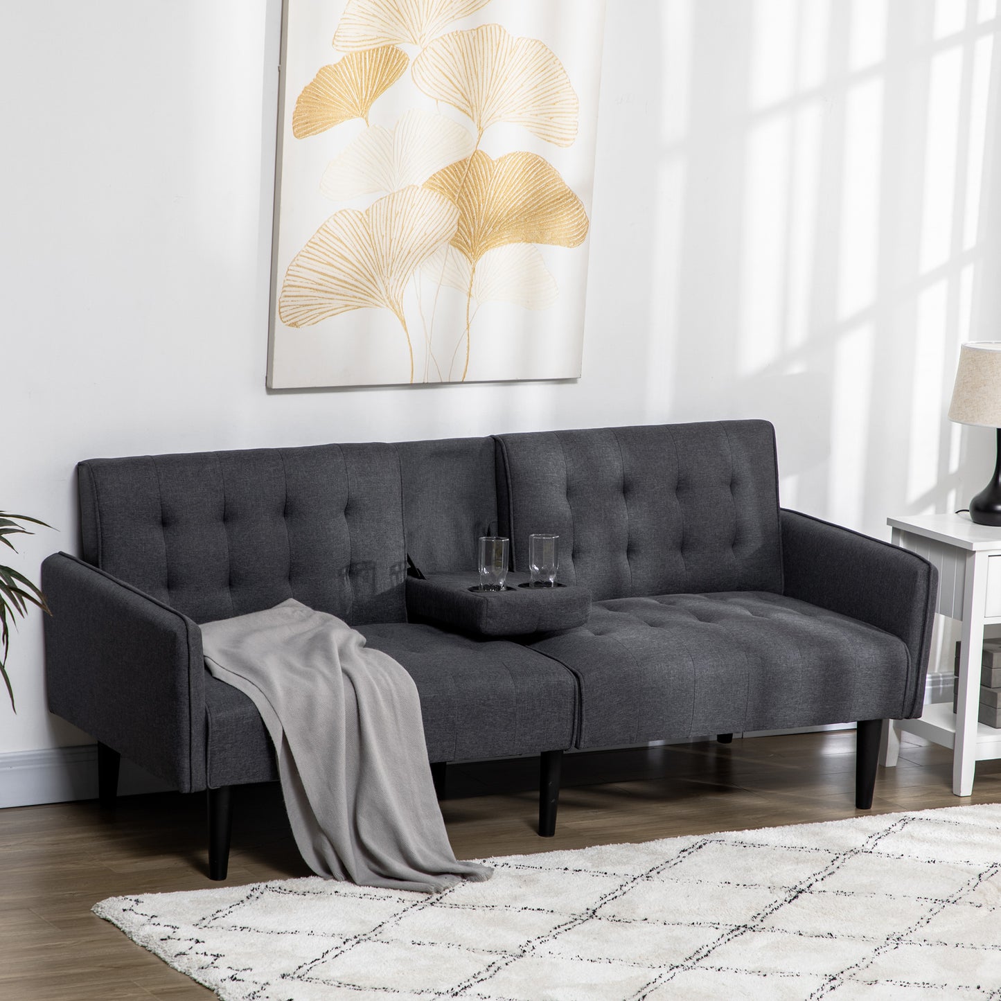 HOMCOM Three-Seater Sofa Bed, with Cupholders - Grey