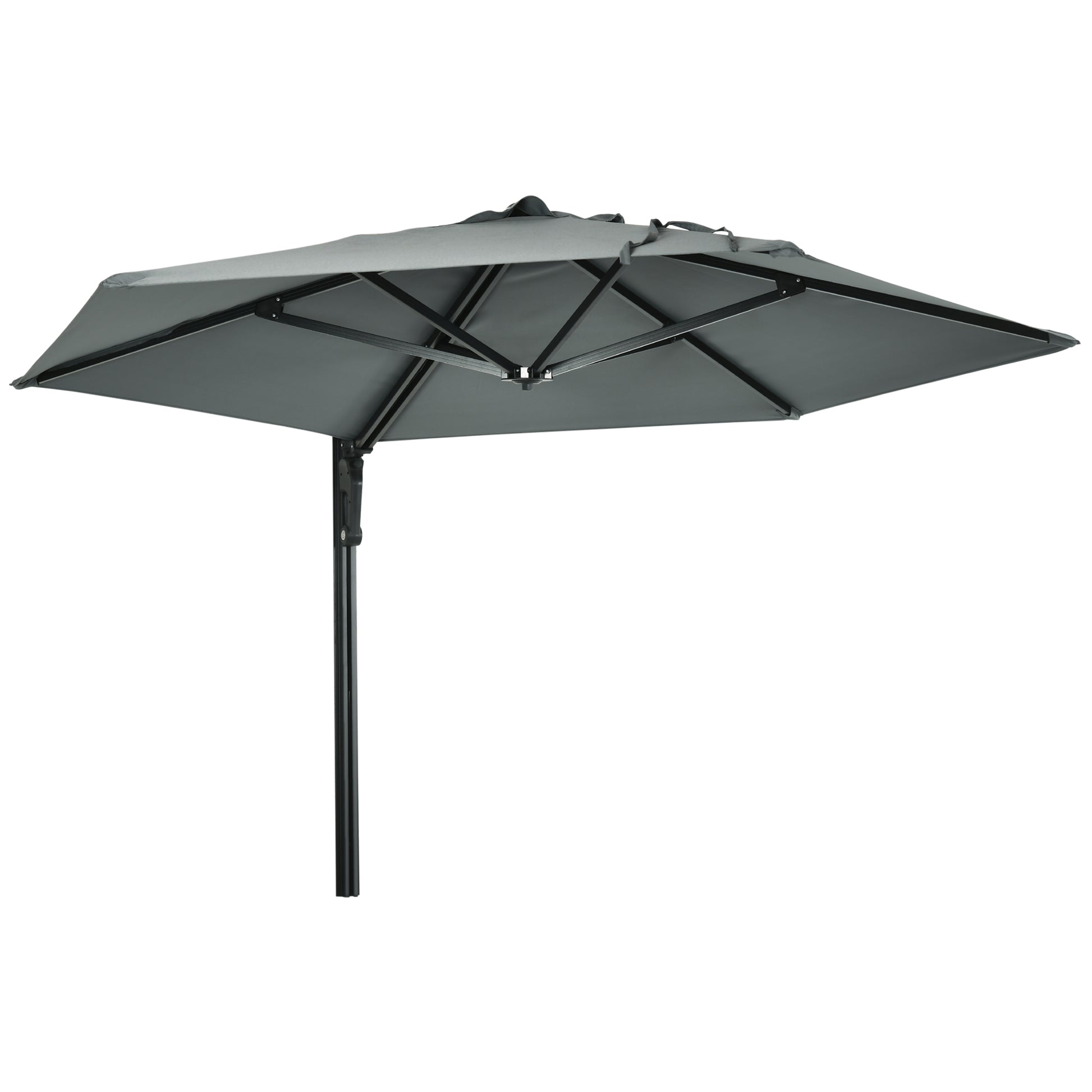 Photo of Outsunny 2.5m Wall Mounted Parasol, Hand to Push Outdoor Patio Umbrella with 180 Degree Rotatable Canopy for Porch, Deck, Garden, 250 cm, Grey in Grey colour on a white background