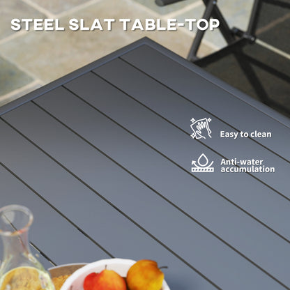 Outsunny table's grey steel slat top with spaced panels and rounded edges