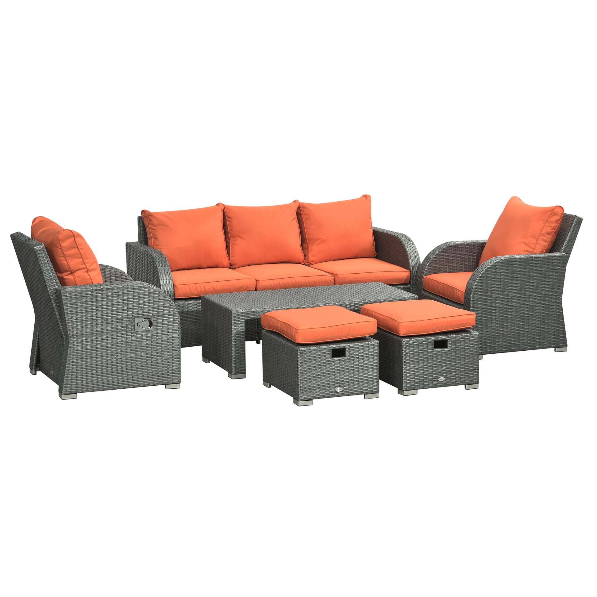 Photo of Outsunny Six-piece Outdoor Rattan Dining Set, Outdoor Sofa Set with Reclining Armchairs and Mental Frame, Orange in Orange colour on a white background