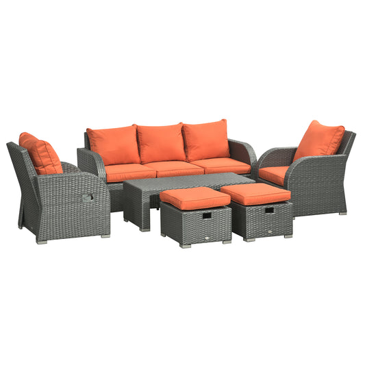 Photo of Outsunny Six-piece Outdoor Rattan Dining Set, Outdoor Sofa Set with Reclining Armchairs and Mental Frame, Orange in Orange colour on a white background
