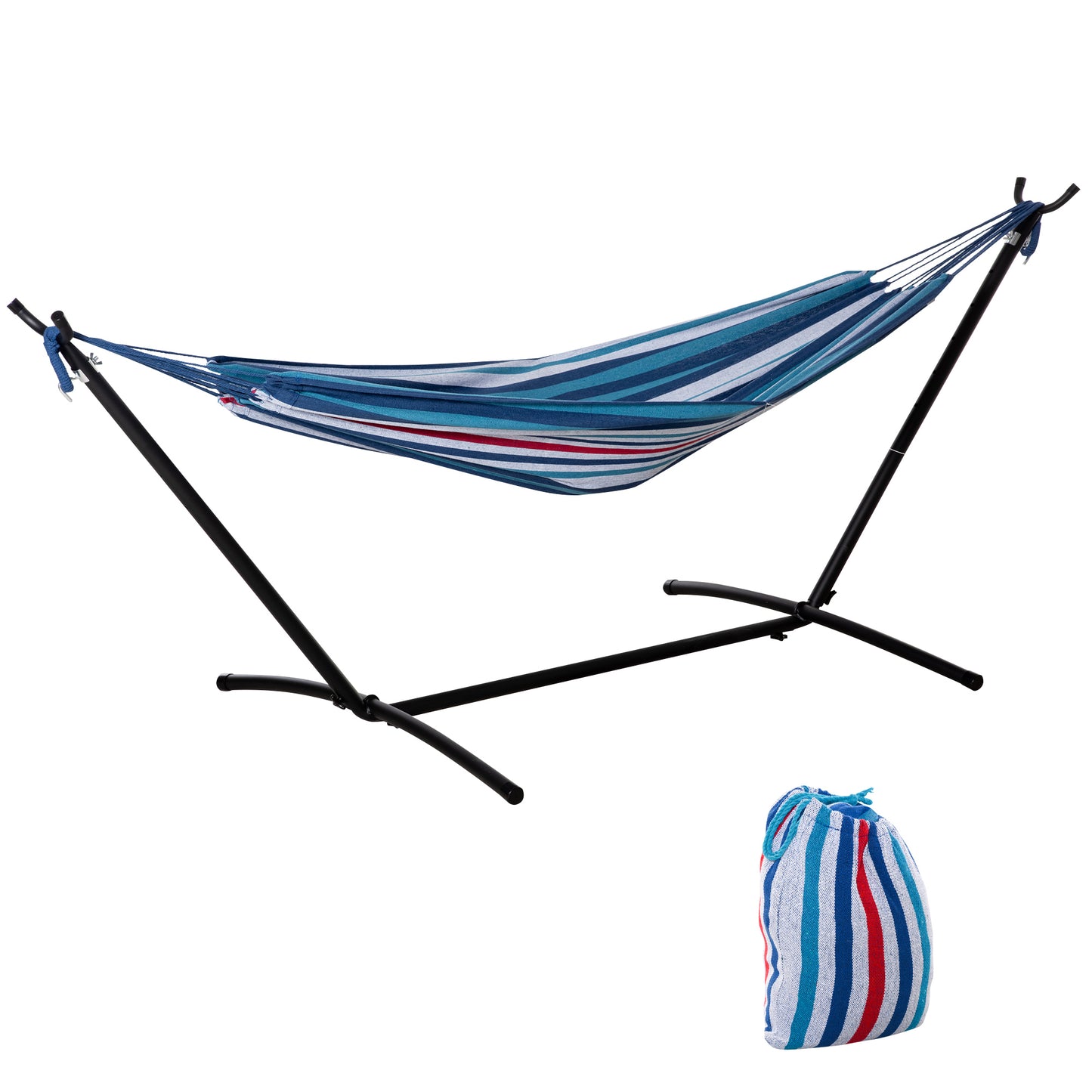 Photo of Outsunny 298 x 117cm Hammock with Stand Camping Hammock with Portable Carrying Bag, Adjustable Height, 120kg Load Capacity, Blue and White Stripe in Stripe colour on a white background