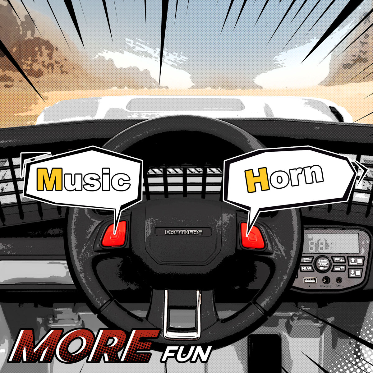 AIYAPLAY ride-on truck dashboard with steering wheel, music and horn buttons