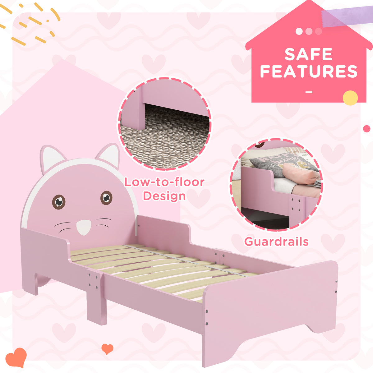 Pink cat-shaped toddler bed frame showing low profile, guardrails and slatted base