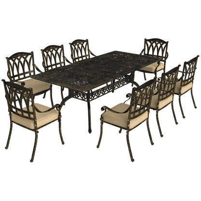 Outsunny nine-piece cast aluminium dining set with bronze-tone table and eight beige-cushioned chairs
