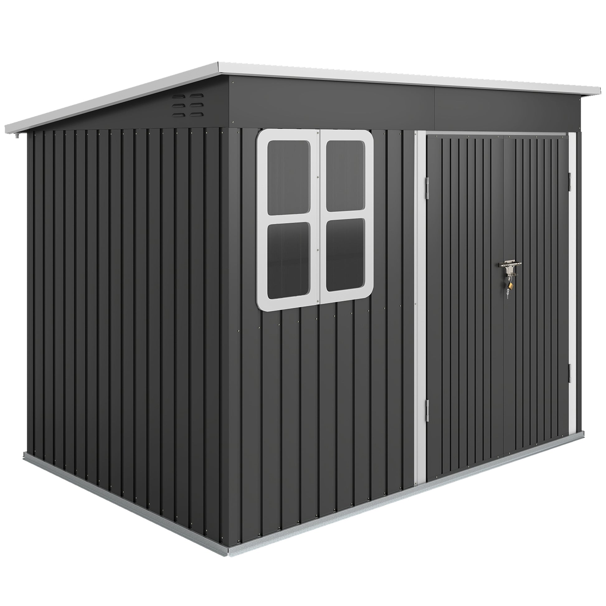 Photo of Outsunny 8.5 x 6ft Storage Shed Galvanised Steel Garden Shed, Metal Shed with Foundation Kit, Window, Lockable Wide Doors and Air Vents for Outdoor Patio, Dark Grey in Grey colour on a white background