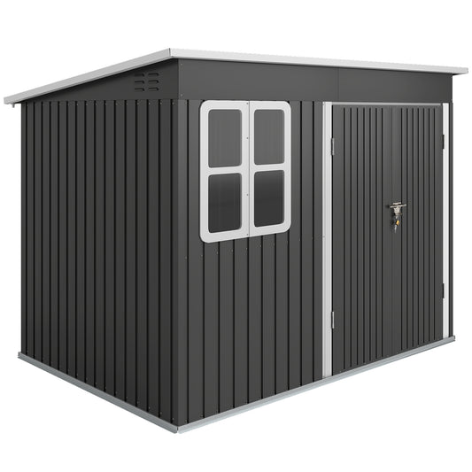Photo of Outsunny 8.5 x 6ft Storage Shed Galvanised Steel Garden Shed, Metal Shed with Foundation Kit, Window, Lockable Wide Doors and Air Vents for Outdoor Patio, Dark Grey in Grey colour on a white background
