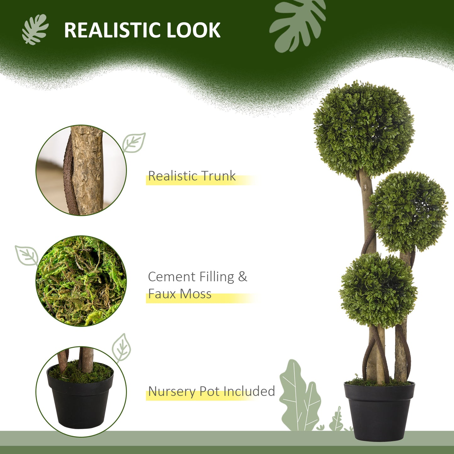HOMCOM Decorative Artificial Trees Boxwood Ball Topiary Trees in Pot, Fake Plants for Home Indoor Outdoor Decor, 90 cm, Light Green