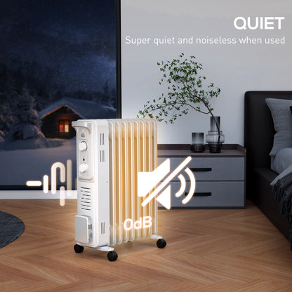 White HOMCOM oil-filled radiator with nine fins and caster wheels, promoted for quiet operation