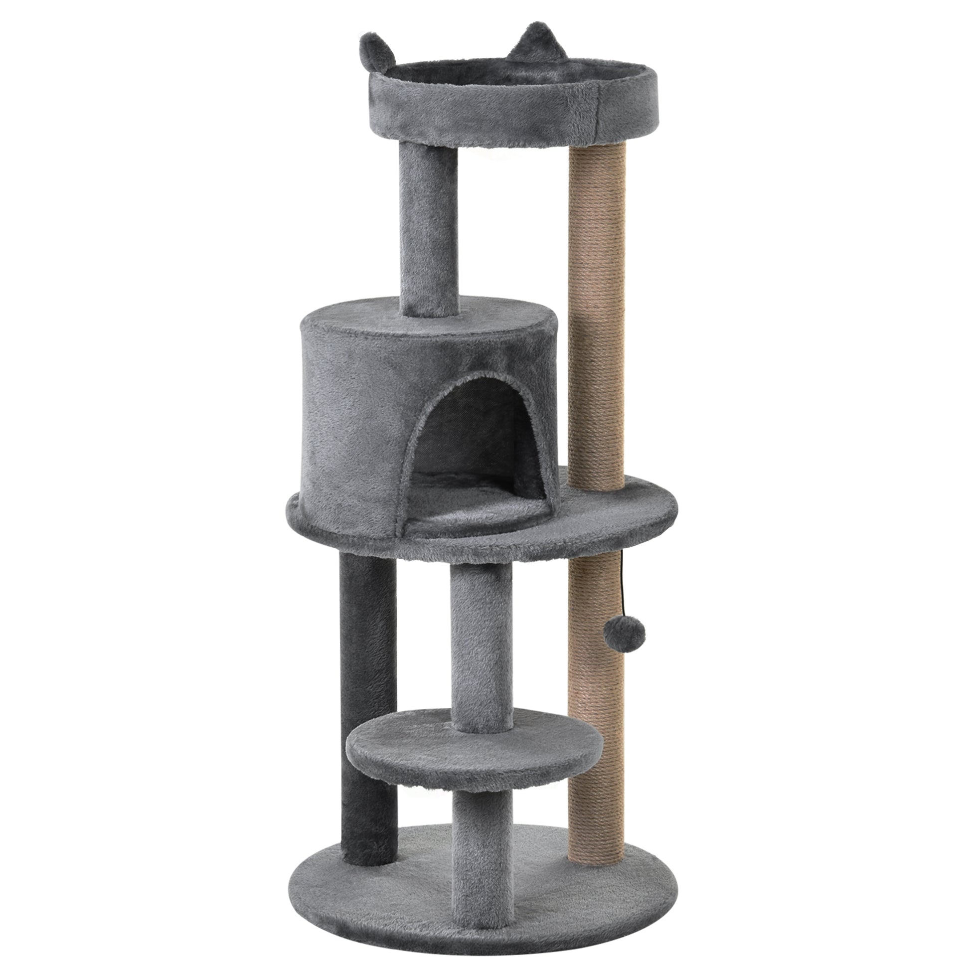 Photo of PawHut 104 cm Cat Tree, Cat Condo Tree Tower, Cat Activity Centre with Scratching Posts, Plush Perches, Hanging Ball - Grey in Grey colour on a white background
