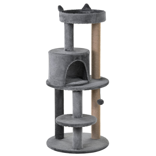Photo of PawHut 104 cm Cat Tree, Cat Condo Tree Tower, Cat Activity Centre with Scratching Posts, Plush Perches, Hanging Ball - Grey in Grey colour on a white background