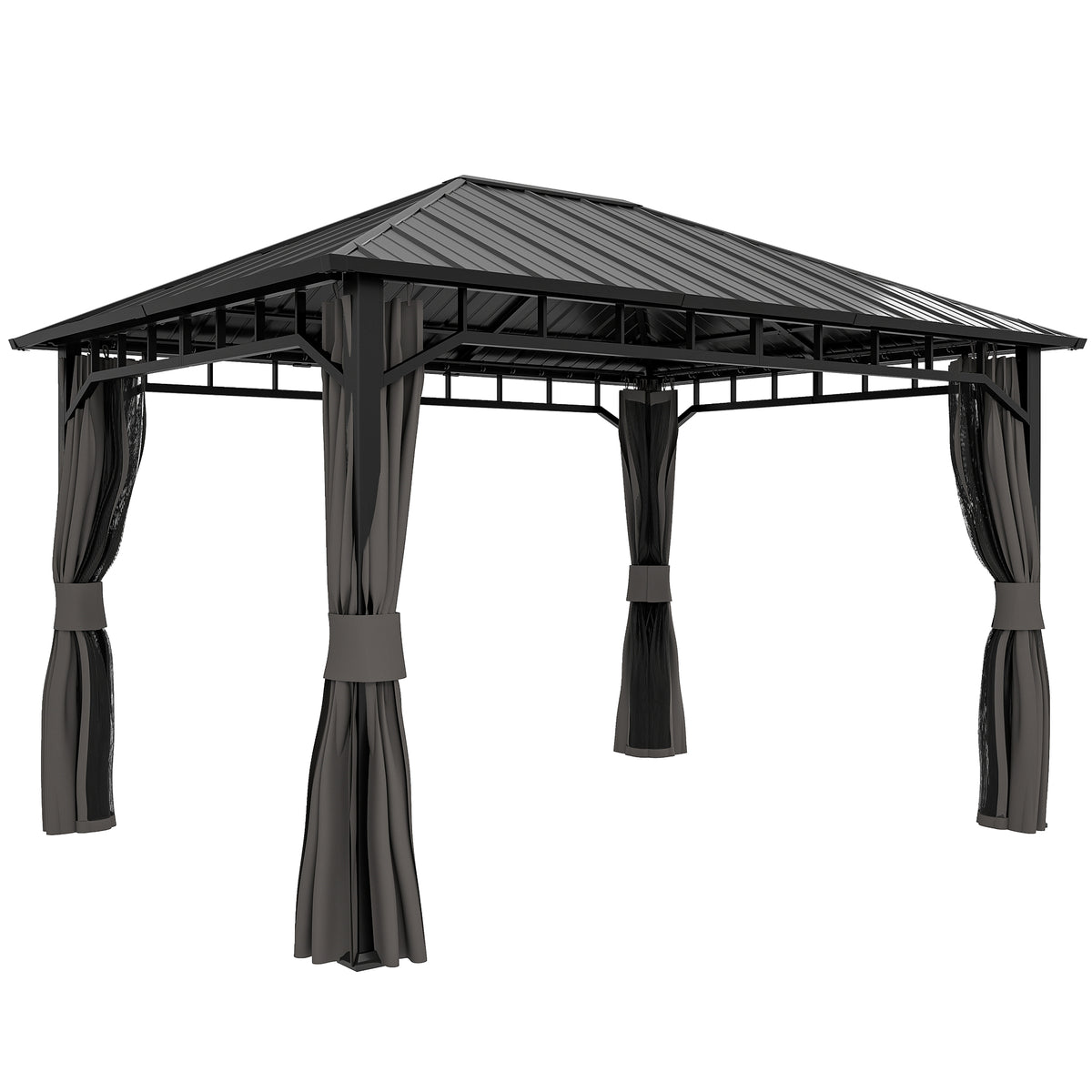 Outsunny hardtop gazebo with dark metal roof, sturdy frame, netting and tied-back curtains
