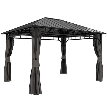 Outsunny hardtop gazebo with dark metal roof, sturdy frame, netting and tied-back curtains