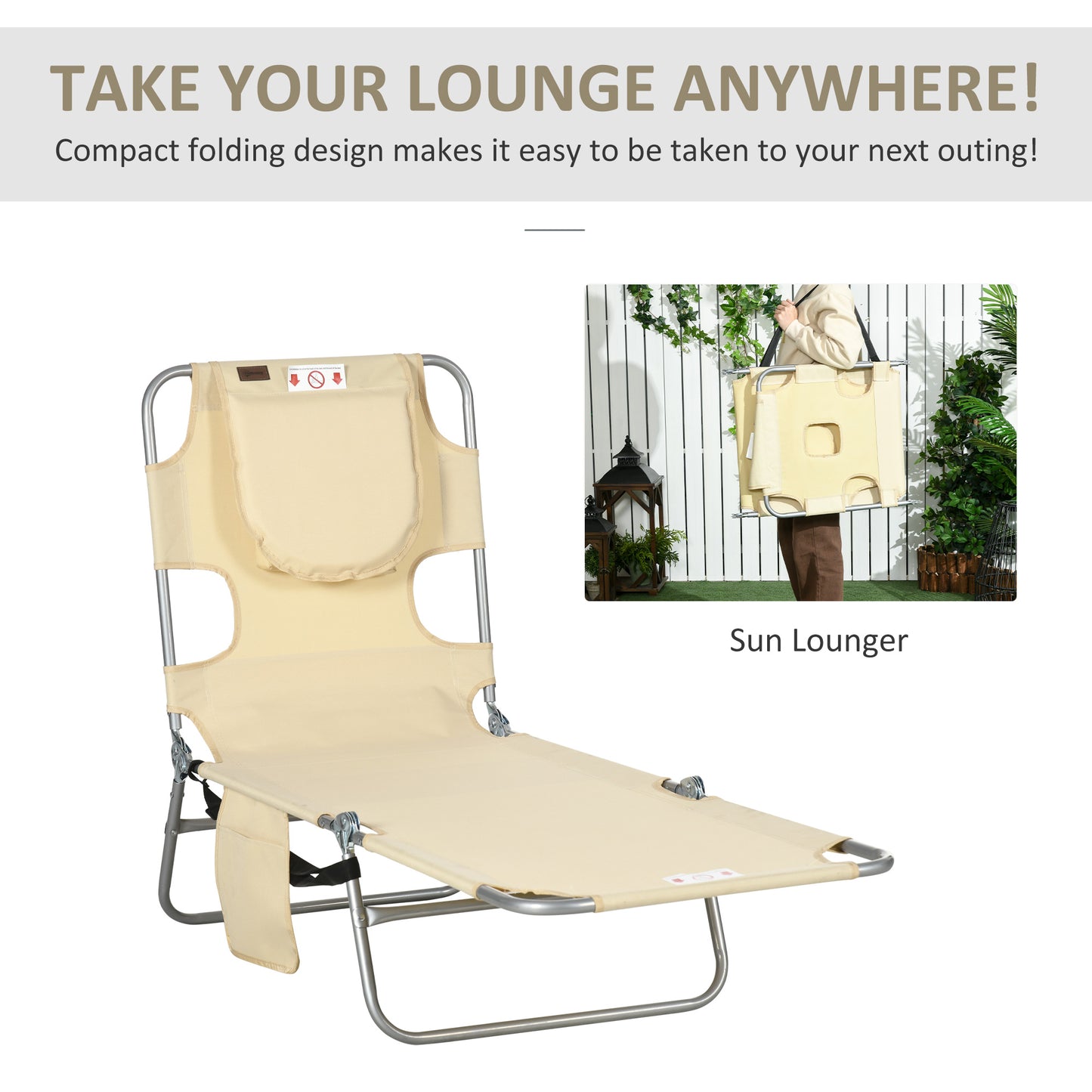 Outsunny Foldable Sun Lounger, Beach Chaise Lounge with Reading Hole, Arm Slots, 5-Position Adjustable Backrest, Side Pocket, Pillow for Garden, Beach, Camping, Beige