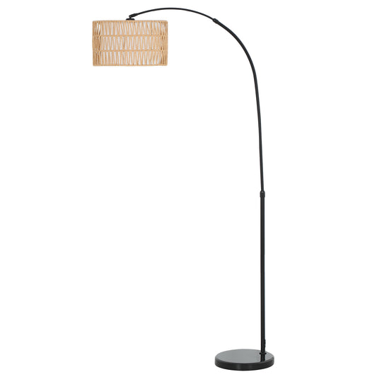 Photo of HOMCOM Rattan Floor Lamp for Living Room, Farmhouse Arc Standing Lamp with Dual-Layer Shade & Foot Switch, Height Adjustable Minimalist Tall Pole Lampshade for Bedroom, Office, Black in Black colour on a white background