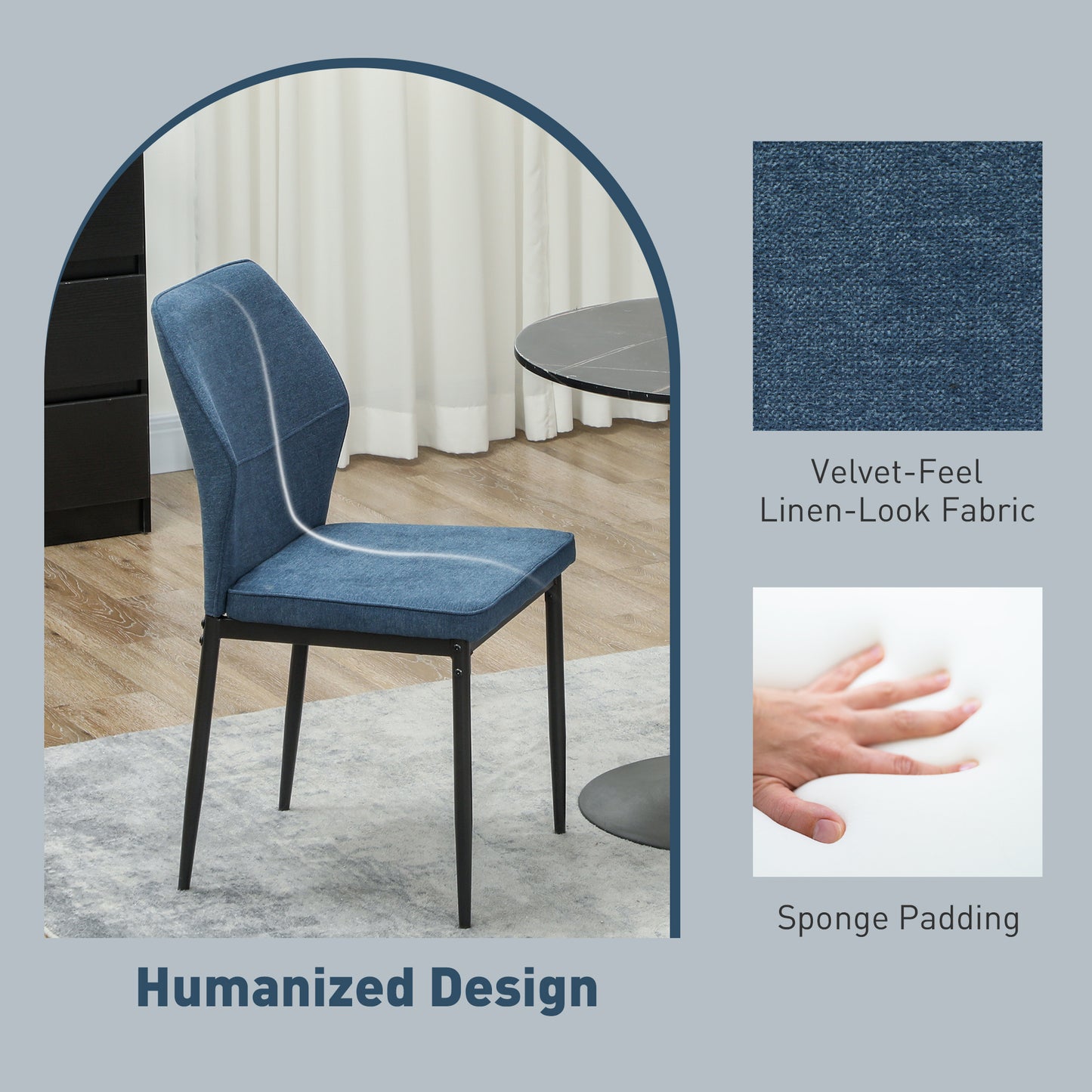 HOMCOM Velvet Dining Chairs Set of 2, Modern Armless Upholstered Kitchen Chairs with Metal Legs, Curved Back and Padded Seat, for Dining Room, Bedroom, Living Room, Blue