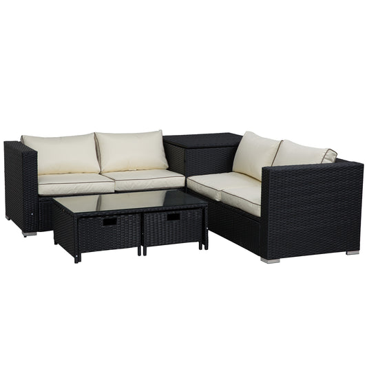Photo of Outsunny 4 Seater Rattan Garden Furniture Set with Storage Box, 2 Drawers Coffee Table, Black in Black colour on a white background