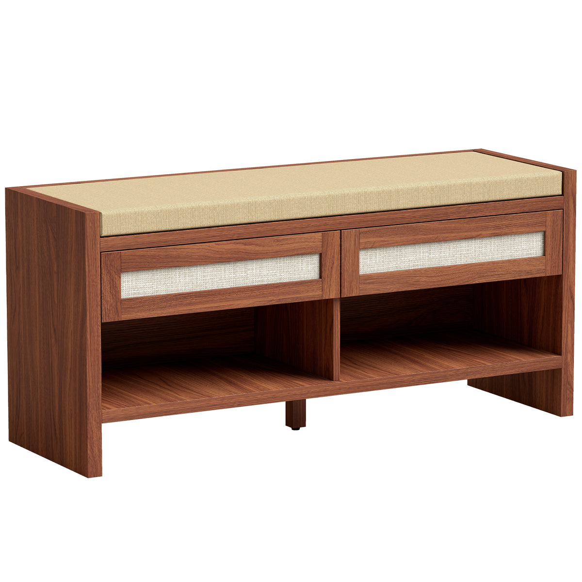 Photo of HOMCOM Boho Shoe Bench with 2 Rattan Drawers, Shoe Storage Bench with Cushioned Seat and Open Shelf Brown in Brown colour on a white background