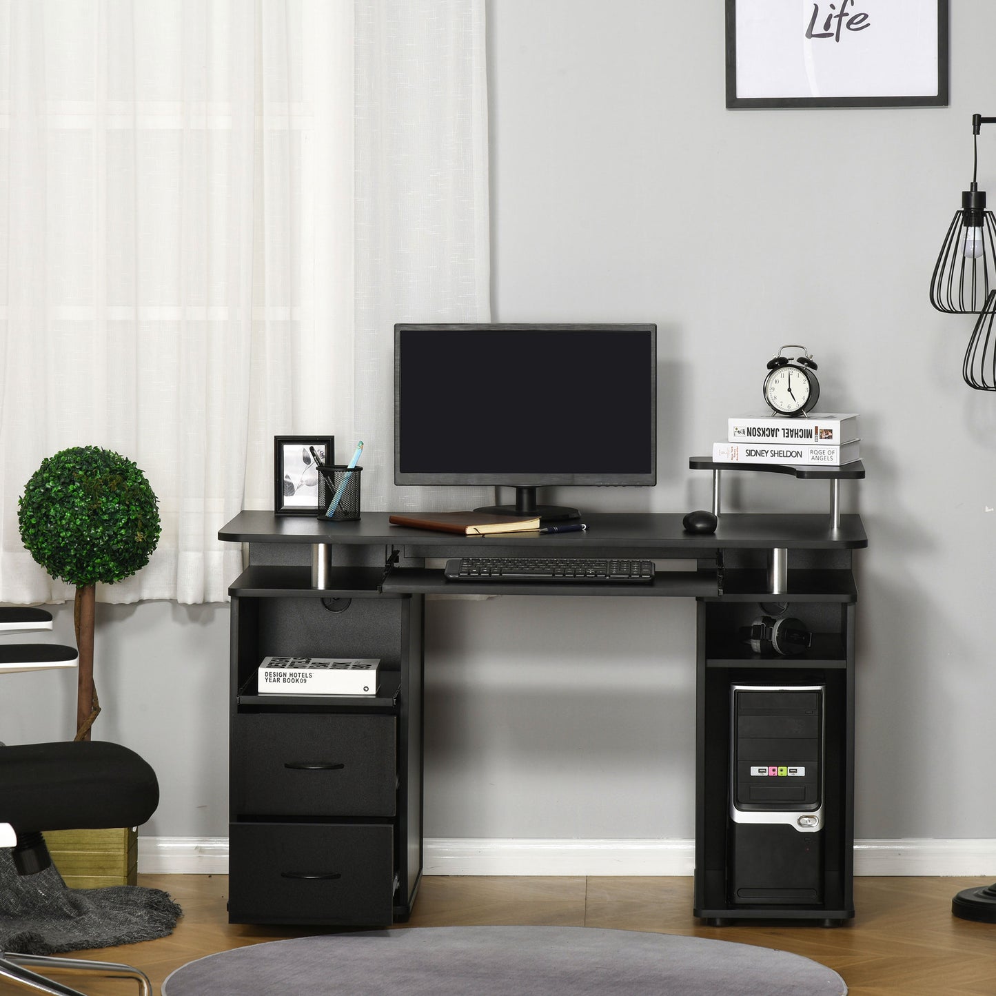 HOMCOM Study Desk Writing Table for Home Office, Student Workstation with Drawers, Sliding Shelf and Storage, Black