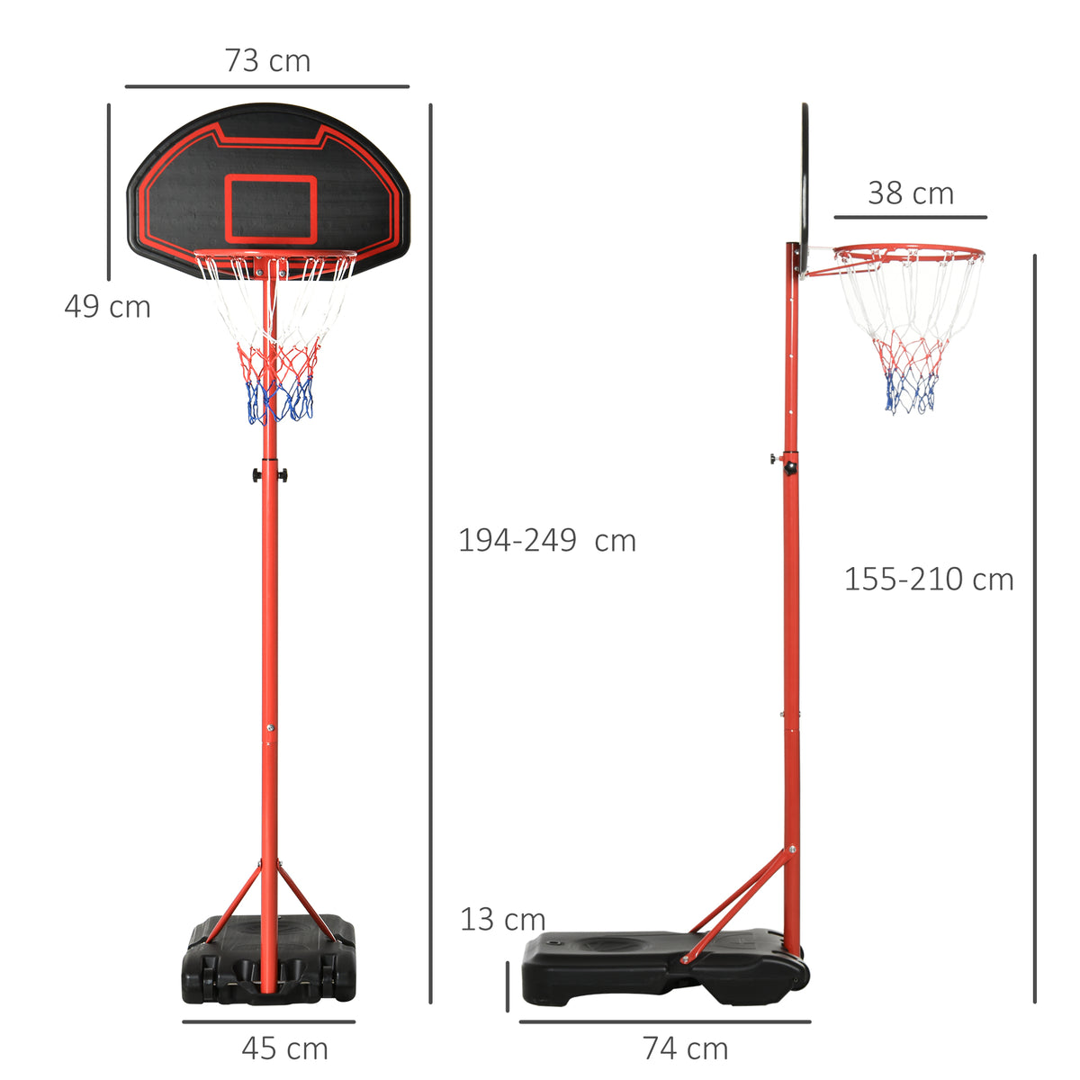 HOMCOM Basketball Hoop Outdoor, Portable Basketball Hoop and Stand with Weighted Base, Portable on Wheels, 1.55-2.1m, for Teens, Juniors, Adults, Black