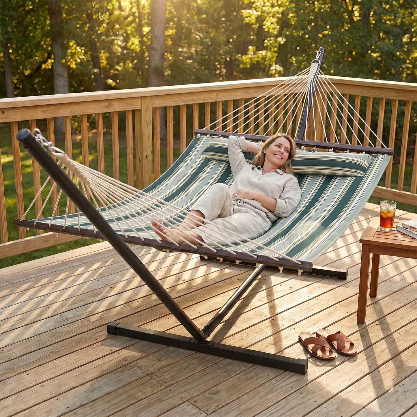 Outsunny Outdoor Hammock with Stand Detachable Pillow Striped Swing Steel Frame, for Garden, Patio, Green