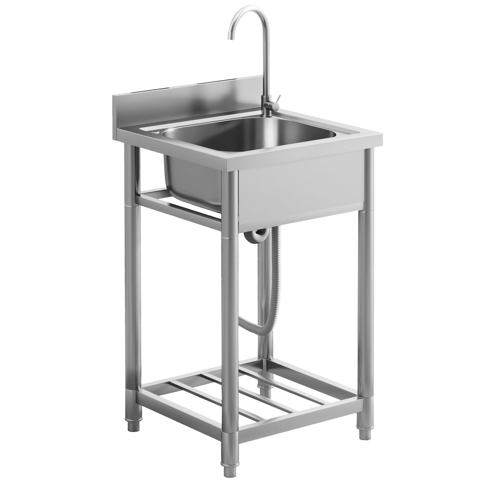 Photo of HOMCOM Outdoor Utility Sink, Stainless Steel Free Standing Single Bowl Kitchen Sink with Cold and Hot Water Pipe and Storage Shelf for Laundry Garage, 55 x 50 x 100 cm in cm colour on a white background