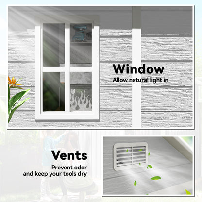 Garden shed details showing a framed window and an interior ventilation grille