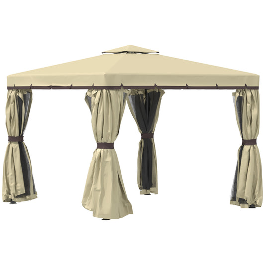 Photo of Outsunny 3 x 3(m) Patio Gazebo Canopy Garden Pavilion Tent Shelter with 2 Tier Water Repellent Roof, Mosquito Netting and Curtains, Aluminium Frame, Beige in Beige colour on a white background