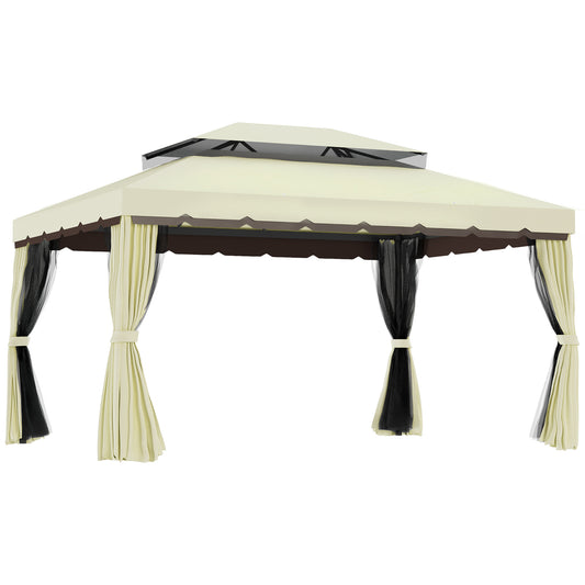 Photo of Outsunny 4 x 3 m Aluminum Garden Gazebo, Double Roof Outdoor Gazebo Canopy Shelter with Netting & Curtains for Garden, Lawn, Backyard and Deck, Cream in Cream colour on a white background