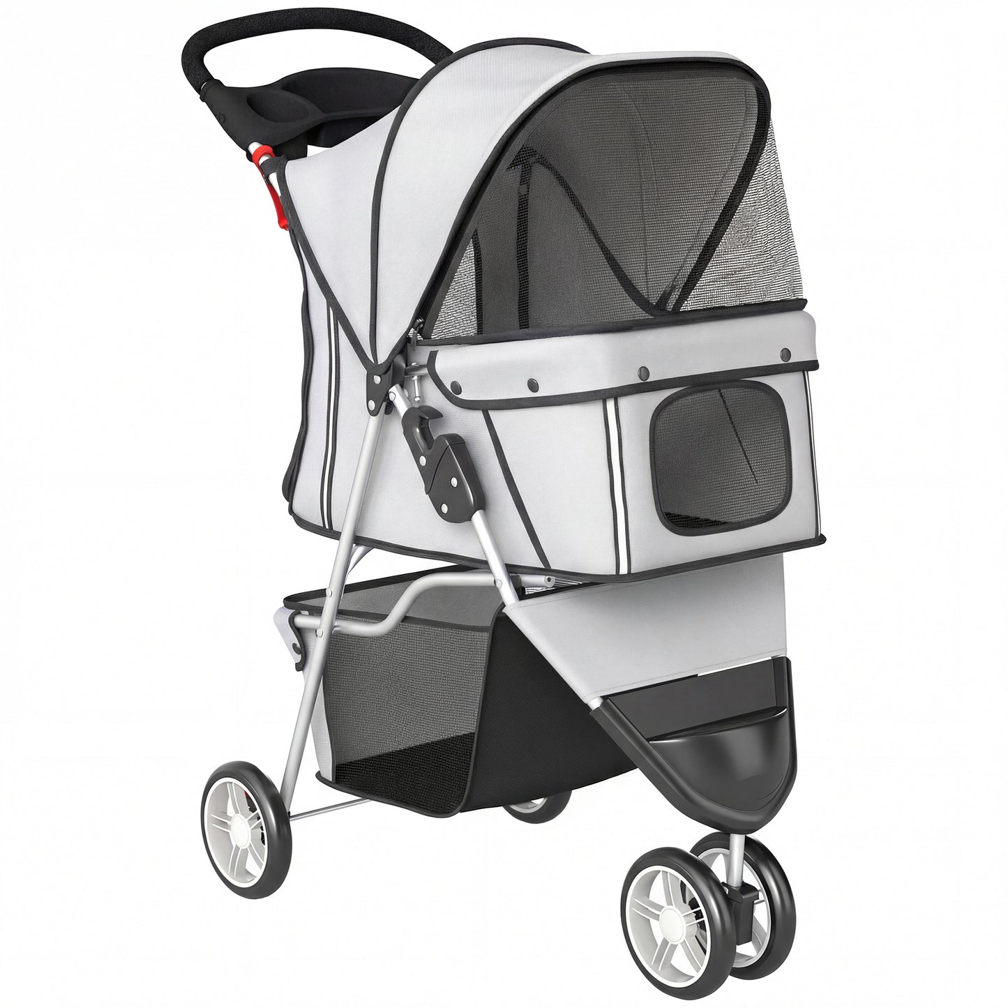 Photo of PawHut Dog Stroller, 3 Wheels Foldable Pet Stroller with Adjustable Canopy, Storage Basket for Small Mini Breeds, Grey in Grey colour on a white background