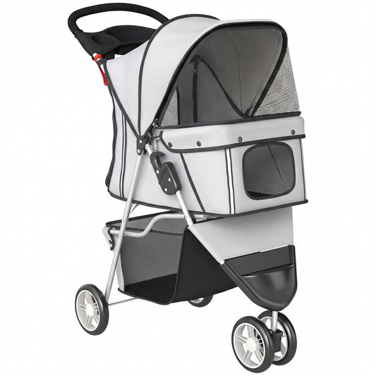 Photo of PawHut Dog Stroller, 3 Wheels Foldable Pet Stroller with Adjustable Canopy, Storage Basket for Small Mini Breeds, Grey in Grey colour on a white background
