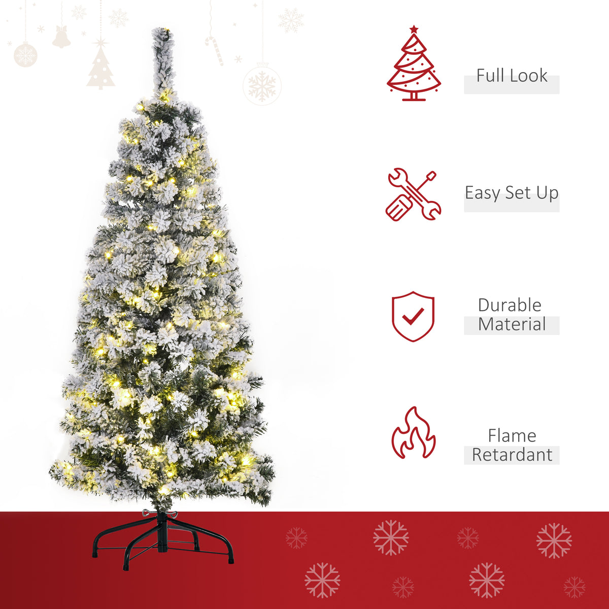 Flocked artificial Christmas tree with warm white lights and a folding metal stand