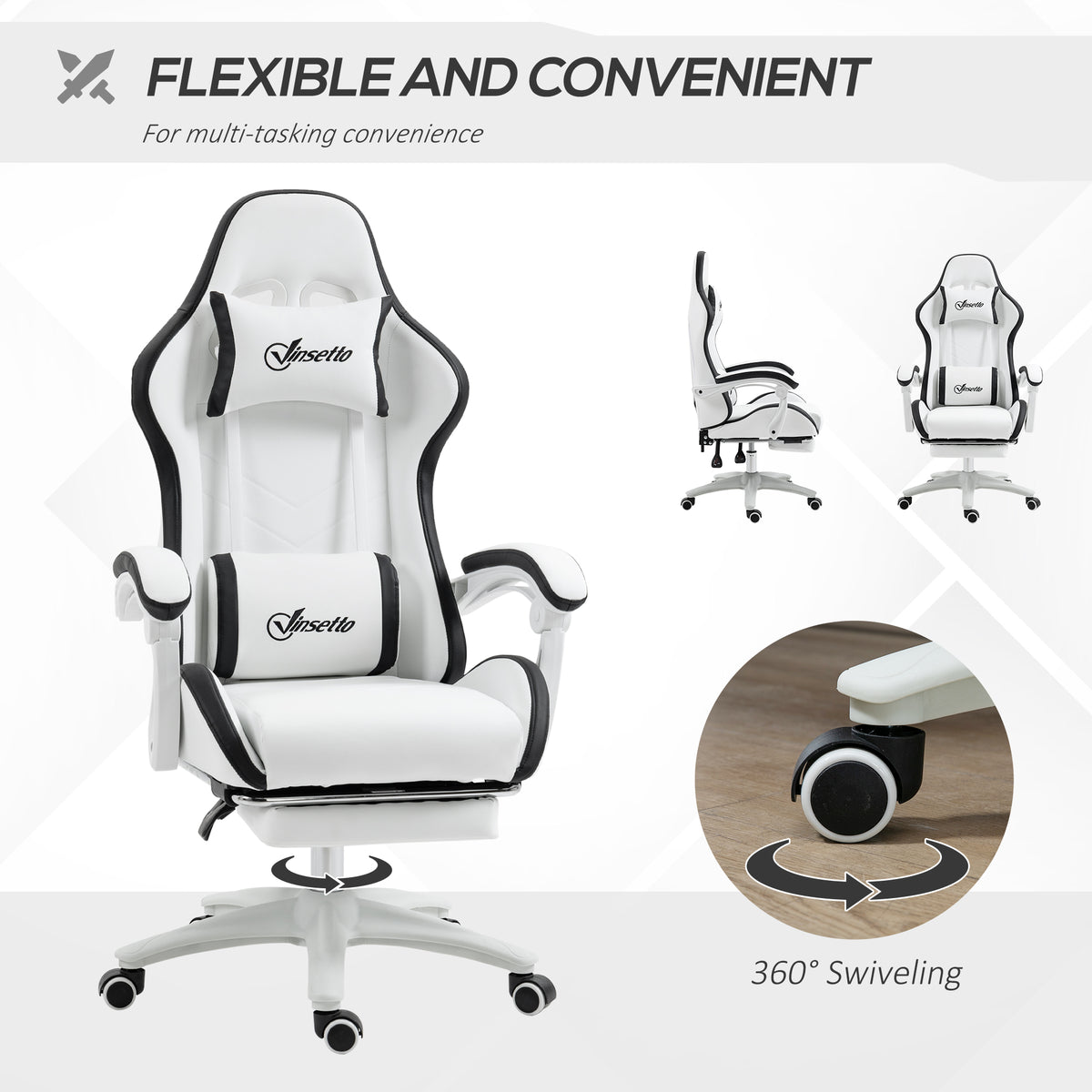 Vinsetto Gaming Chair, Computer Gamer Chair with Reclining High Back, Headrest, Lumbar Support, Footrest, Swivel Wheels, PU Leather, Adjustable Height for Home, White and Black
