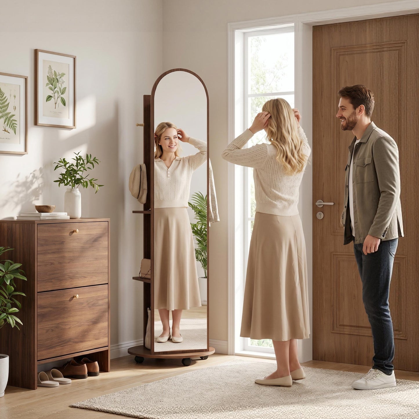 HOMCOM 2-in-1 Full Length Mirror with Storage Shelves, Floor Mirror with 4 Wheels, Coat Rack, Hooks, Brown Wood Effect