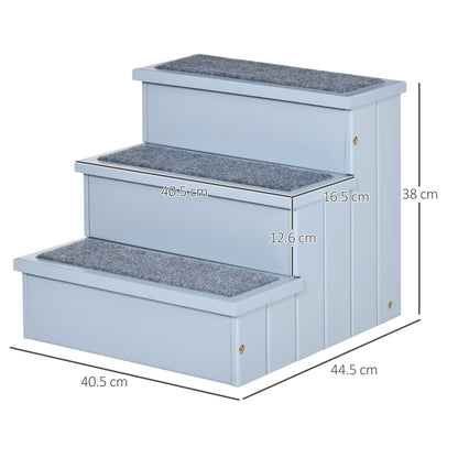 PawHut gray wooden pet stairs with three carpeted steps and labeled dimensions