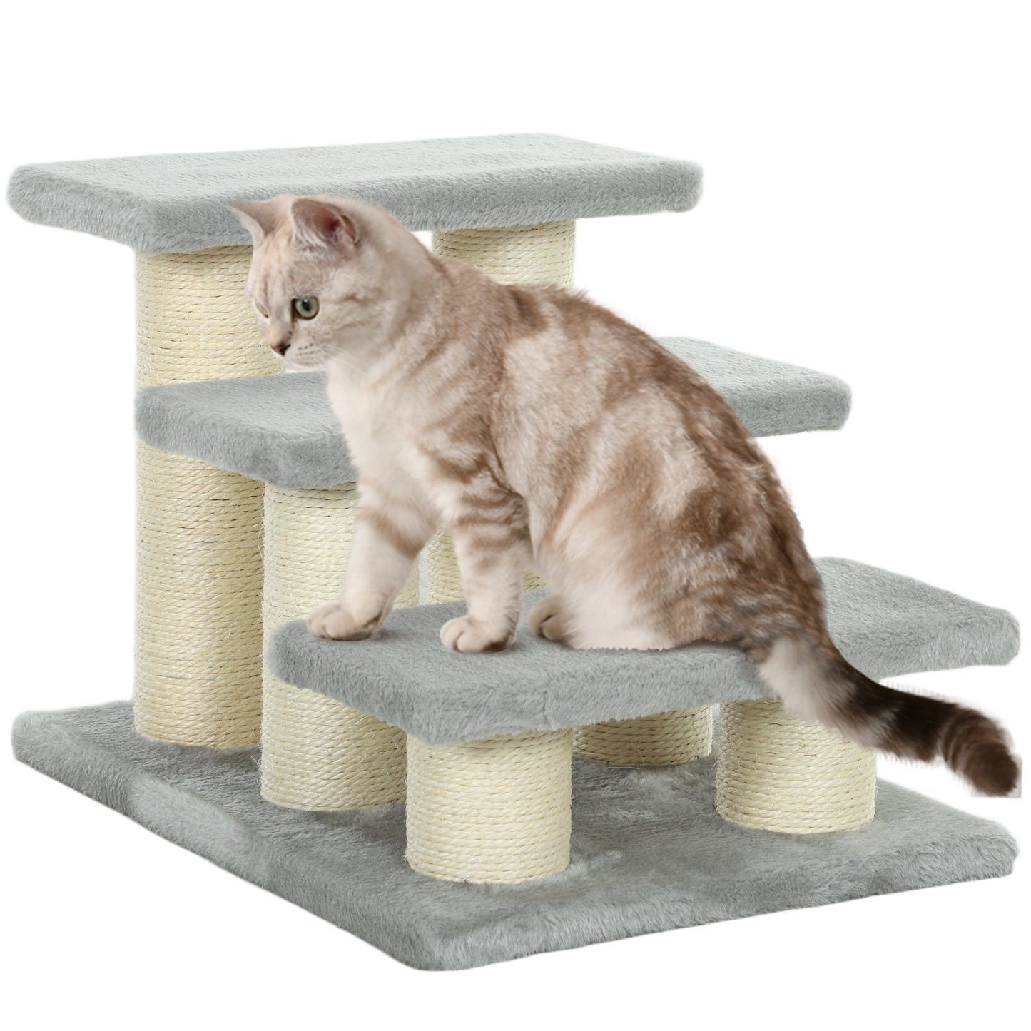 Photo of PawHut Pet Stairs 3-step Pet Ladder Cat dog Stairs Climb Ladder Cat Tree, Grey in Grey colour on a white background