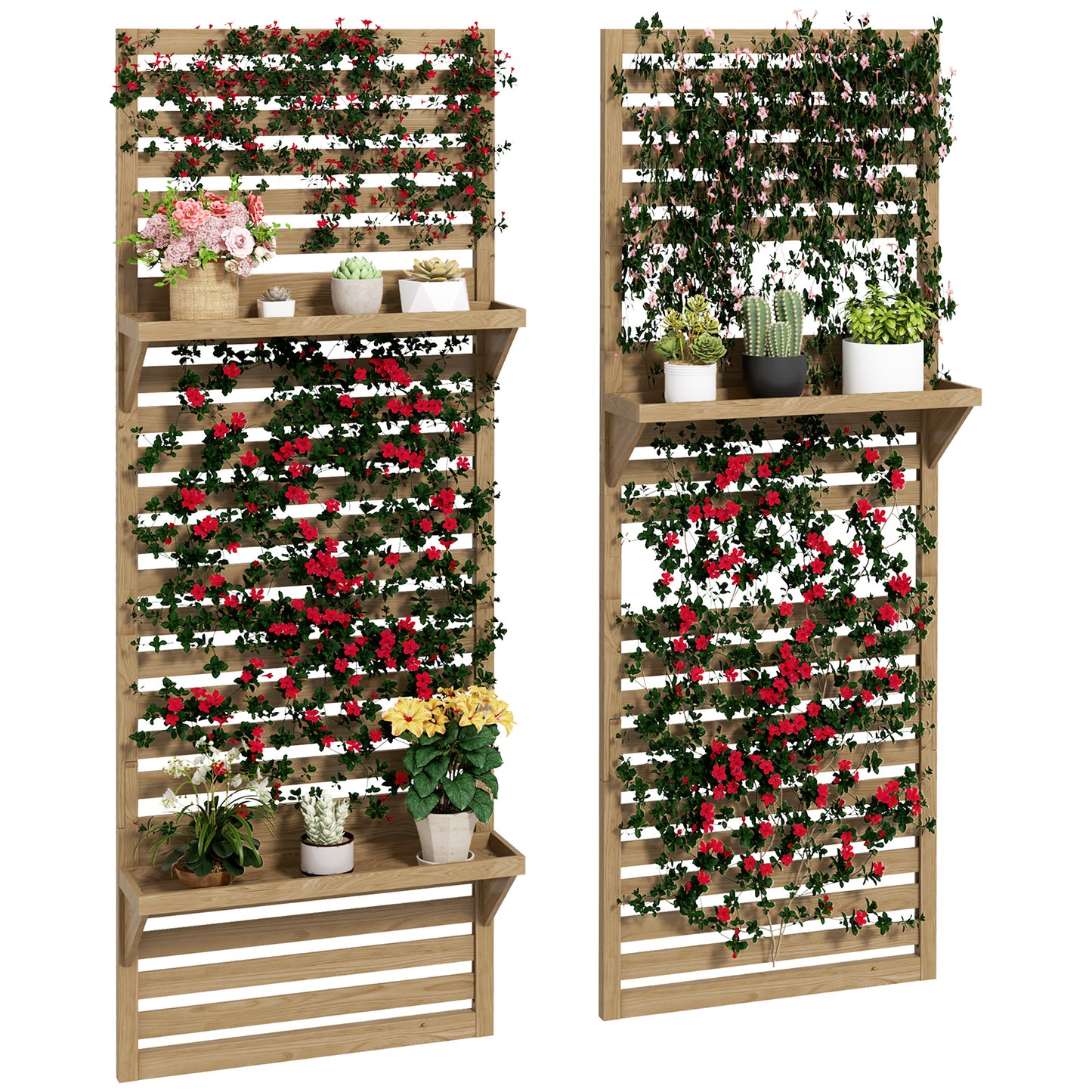 Photo of Outsunny Wall Mounted Plant Stands Set of 2, Fir Wood Flower Stand with Shelves and Slatted Trellis for Patio, Balcony, Porch in Porch colour on a white background