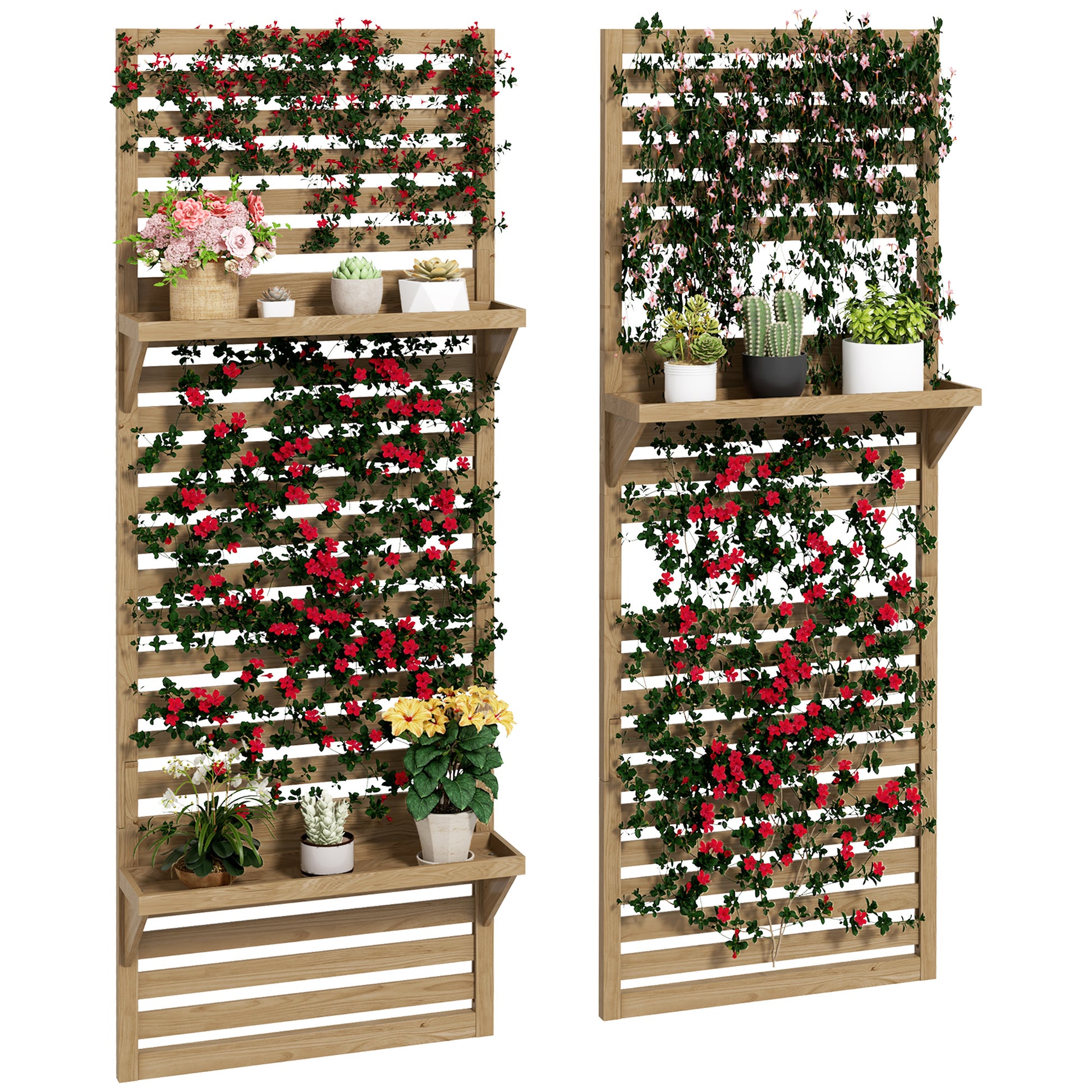 Photo of Outsunny Wall Mounted Plant Stands Set of 2, Fir Wood Flower Stand with Shelves and Slatted Trellis for Patio, Balcony, Porch in Porch colour on a white background