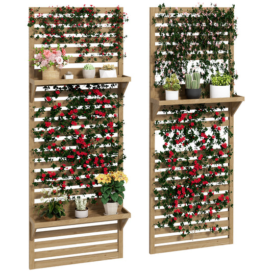 Photo of Outsunny Wall Mounted Plant Stands Set of 2, Fir Wood Flower Stand with Shelves and Slatted Trellis for Patio, Balcony, Porch in Porch colour on a white background