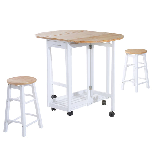 Photo of HOMCOM 3 Pieces Dining Room Set, Mobile Foldable Dining Table and 2 Stools with Storage Shelf, 2 Drawers and 6 Wheels, Drop Leaf Bar Table and Stools for Home Kitchen Pub, White in White colour on a white background
