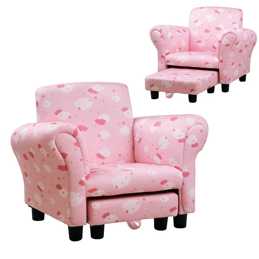 Pink toddler armchair with cloud and star print, high back, rounded arms and matching pull-out ottoman
