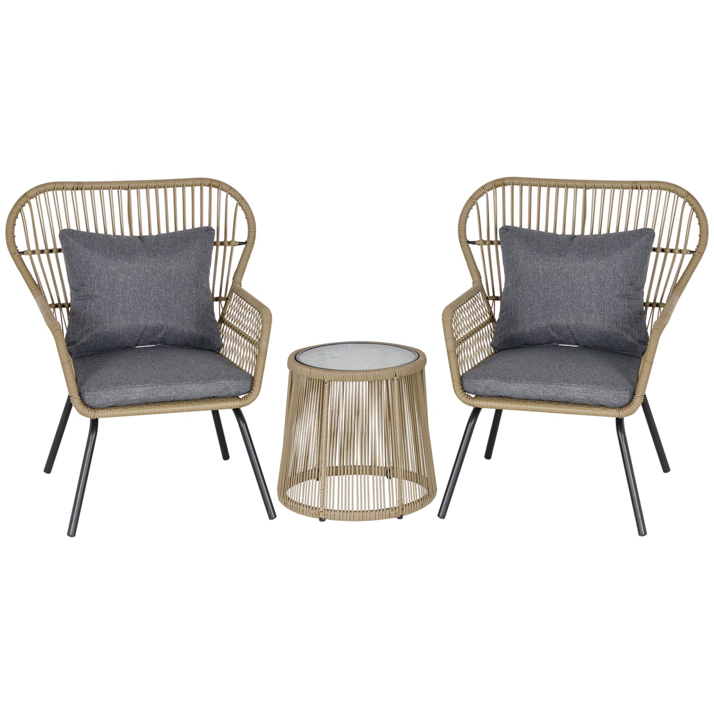 Photo of Outsunny 3 Pieces Rattan Bistro Set, Wicker Garden Furniture Set with Cushions, Glass Top Coffee Table and Chairs for Outdoor,  Small Garden, Patio, Brown in Brown colour on a white background