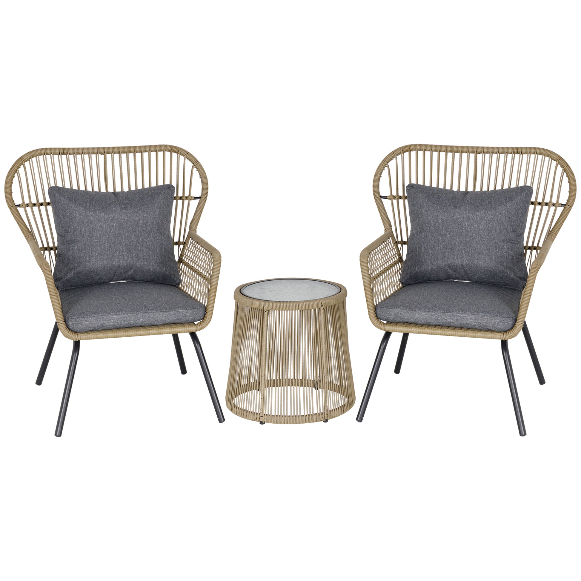 Photo of Outsunny 3 Pieces Rattan Bistro Set, Wicker Garden Furniture Set with Cushions, Glass Top Coffee Table and Chairs for Outdoor,  Small Garden, Patio, Brown in Brown colour on a white background