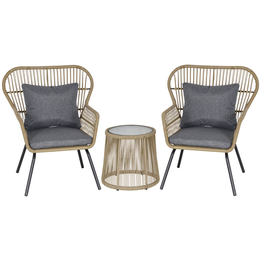 Photo of Outsunny 3 Pieces Rattan Bistro Set, Wicker Garden Furniture Set with Cushions, Glass Top Coffee Table and Chairs for Outdoor,  Small Garden, Patio, Brown in Brown colour on a white background