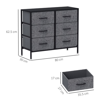 HOMCOM six-drawer dresser with dimensions and a removable fabric drawer shown
